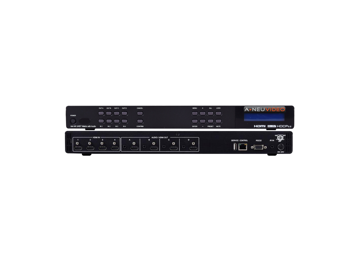 ANI-44HPSC: 4x4 4K60Hz HDR HDMI Matrix Routing Switcher w/ 1080 down scaling, Analog Audio Output