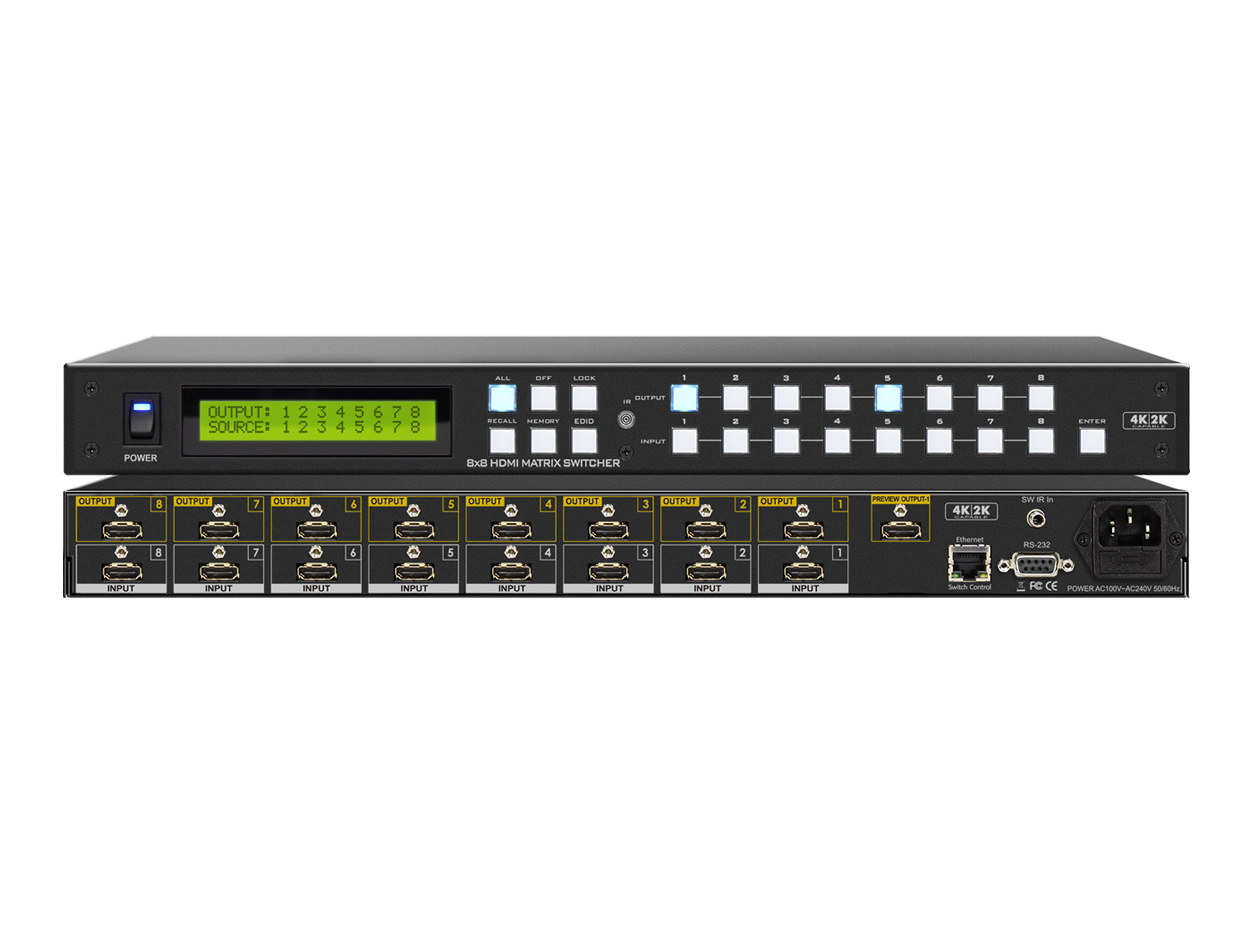 HD-88Kp: 8x8 UHD 4K2K HDMI MATRIX SWITCH 98 FT HDMI OUTPUT CABLE BOOSTER w/ PREVIEW